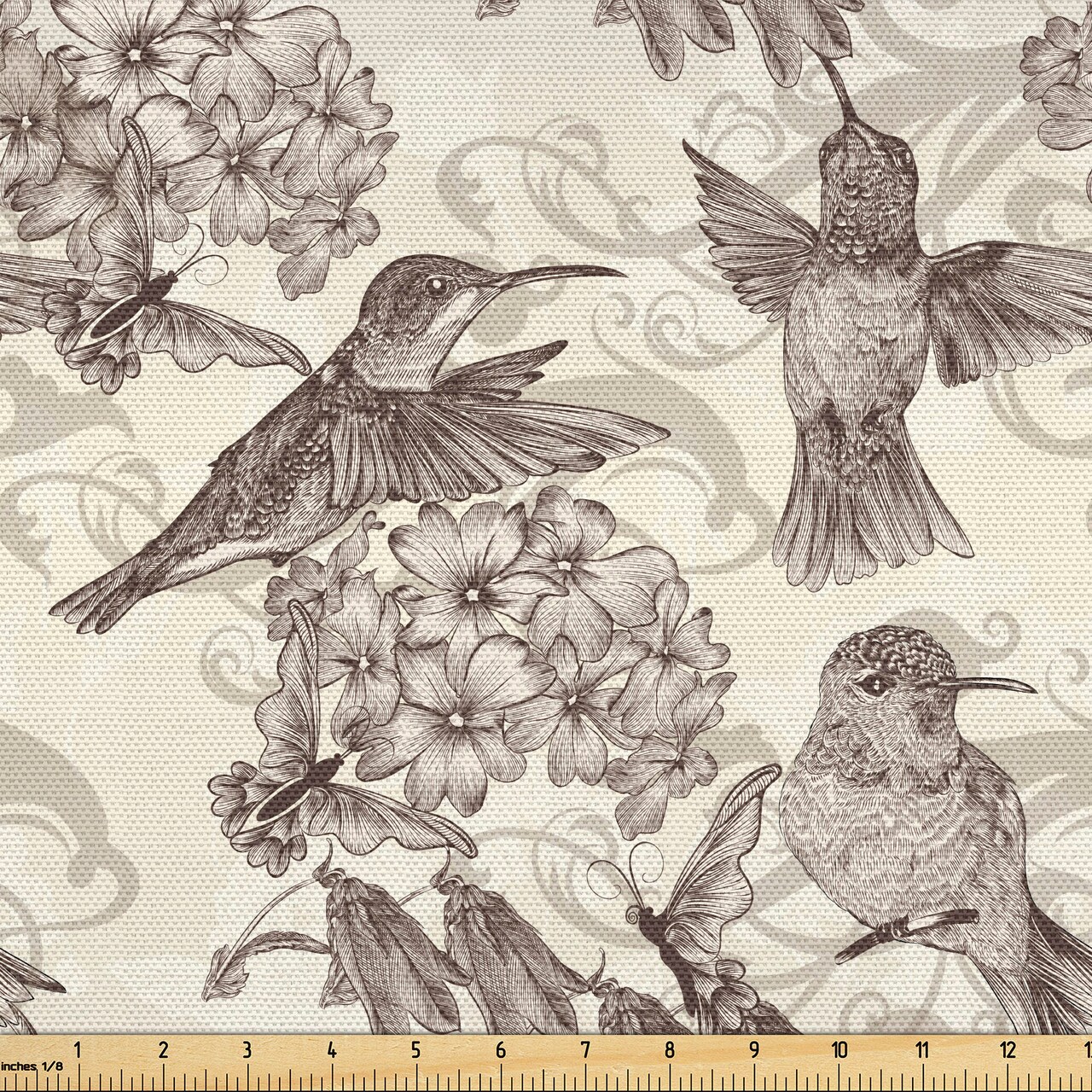 Ambesonne Hummingbirds Fabric by The Yard, Birds and Flowers Monochromic Classical Design Nostalgia Ornate, Decorative Fabric for Upholstery and Home Accents, 5 Yards, Brown Beige